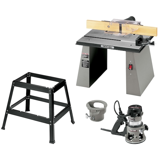 PORTER-CABLE router table kit, including a metal router table with fence, a black metal stand, a router motor base, and a handheld router tool. The components are arranged separately and are designed for woodworking tasks.