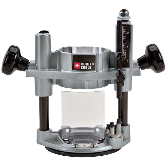 A silver PORTER-CABLE plunge router base with two black handles and a clear plastic shield at the front. The router base features depth adjustment knobs, a measurement scale, and metal guide rods.