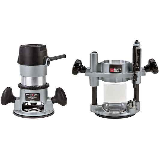 Two Porter-Cable router bases are shown, one fixed base on the left and one plunge base on the right. Both are made of metal and plastic with black handles and adjustment knobs, designed for woodworking and precision routing tasks.