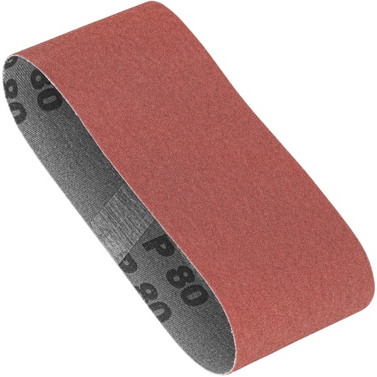 A close-up image of a brown abrasive sanding belt with grit designation 'P80' visible on the inside. The belt is looped, showing both the abrasive surface and the marked backing.