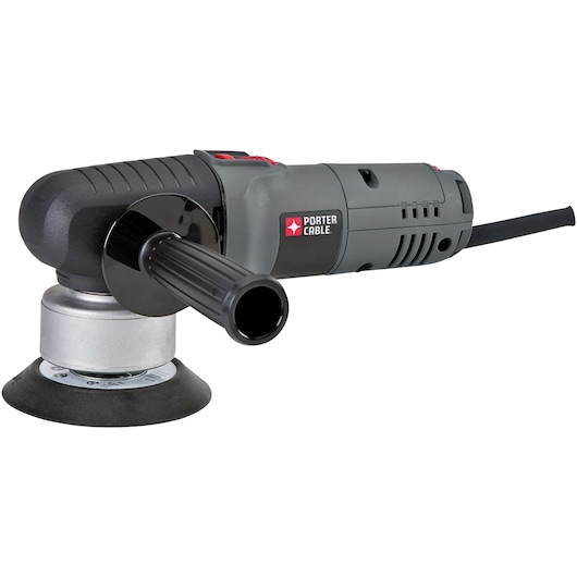 A PORTER-CABLE electric random orbital polisher, model 7345, featuring a black handle and gray body with a power cord, designed for tasks such as polishing surfaces.