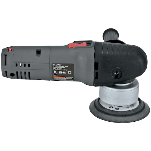 A PORTER-CABLE random orbital sander, model 7345, shown in a close-up view. The tool has a gray and black ergonomic body with a side handle and a circular sanding pad at the bottom.