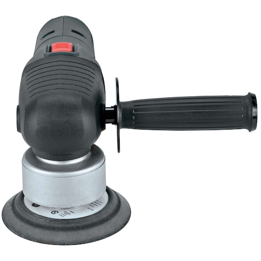 A PORTER-CABLE electric random orbital sander with a side handle, shown from a front angle. The tool has a black body and a red switch on top.