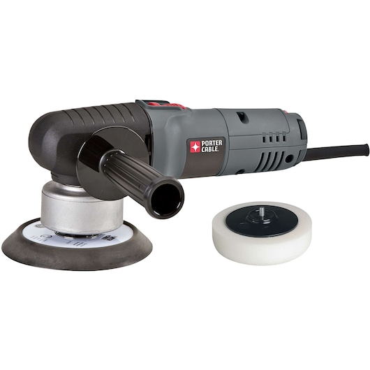 A PORTER-CABLE electric polisher tool with a side handle, shown with an additional white foam polishing pad accessory placed next to it.