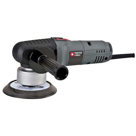 A Porter-Cable electric polisher with a side handle and a circular polishing pad, shown against a white background.