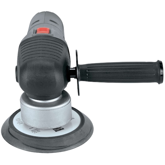 A close-up front view of a PORTER-CABLE random orbit sander, showing its black handle, red switch, and sanding pad.