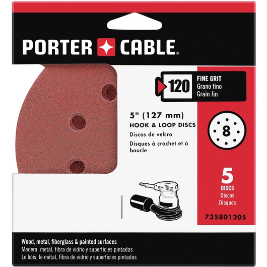 PORTER-CABLE package of 5 inch (127 mm) hook and loop sanding discs with 120 fine grit. The pack contains 5 discs with 8 holes, suitable for wood, metal, fiberglass, and painted surfaces. The front of the package displays the product type, quantity, and compatibility.
