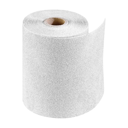 A close-up image of a roll of sandpaper with a visible cardboard core. The texture of the sandpaper is clearly shown, and one edge of the roll is slightly lifted.