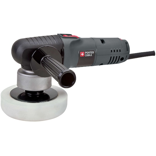 A PORTER-CABLE 7424XP electric polisher, featuring a black handle and a foam polishing pad, designed for use in photography and surface finishing applications.