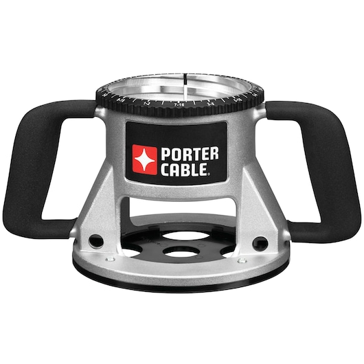 A PORTER-CABLE router base, featuring two black handles and a black and silver body with measurement markings on the top. The brand logo is prominently displayed on the front.