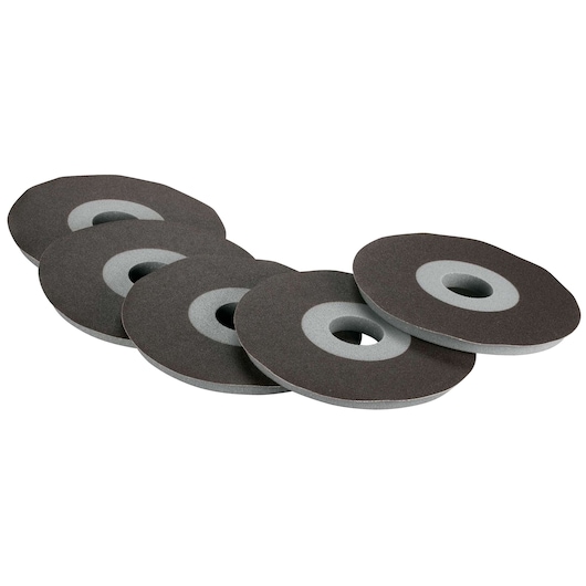 Five round abrasive grinding wheels with a central hole, arranged in an overlapping row on a white background.