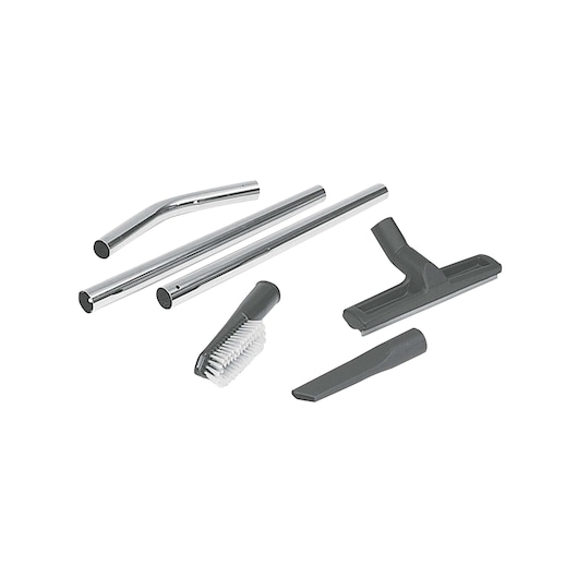 A set of vacuum cleaner accessories, including three metal extension wands, a floor brush attachment, a dust brush with white bristles, and a narrow crevice tool, all placed on a white background.