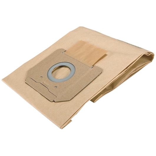 A folded brown paper vacuum bag with a cardboard and rubber collar for attachment.