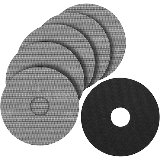 A set of six round mesh sanding discs, with a central hole, arranged in a fan-like display. The discs are designed for use with power tools for sanding surfaces.