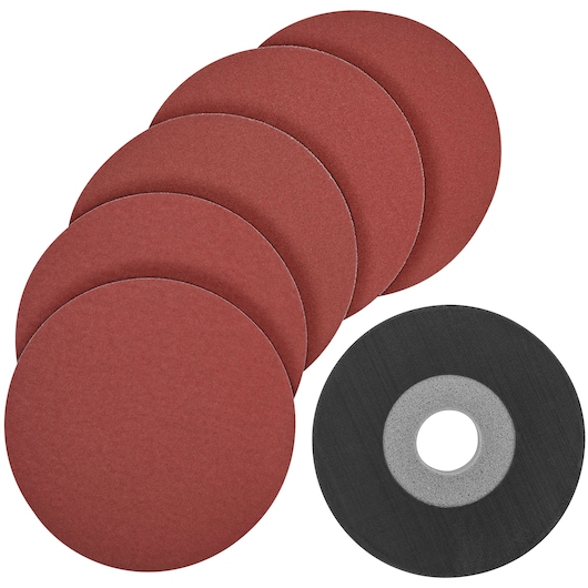 A set of five round, reddish-brown sanding discs with one black disc featuring a grey center. The discs are used for grinding and sanding surfaces.