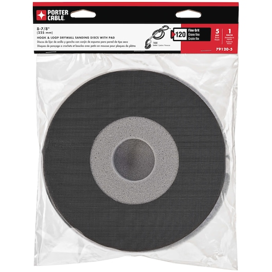 PORTER-CABLE 8-7/8 inch (225 mm) hook and loop drywall sanding discs with pad, fine grit, package of 5 discs and 1 foam pad, displayed in clear plastic packaging.