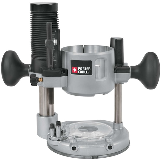 PORTER-CABLE router base with dual black handles, adjustment knob, and clear baseplate. The tool features a metallic body and is used for woodworking precision.