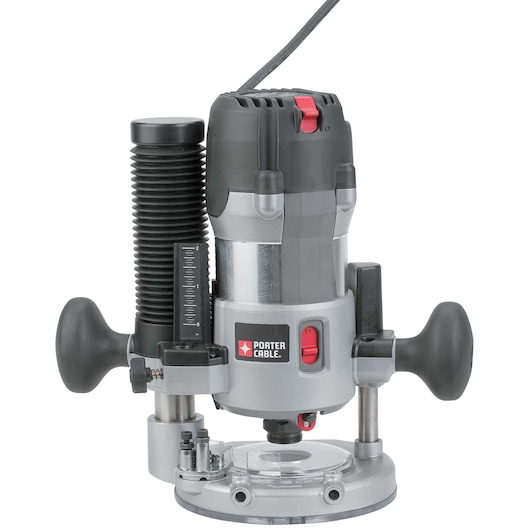 A PORTER-CABLE plunge router with ergonomic handles, depth adjustment knob, and a clear base plate. The router is designed for woodworking and has a power cord attached at the top.