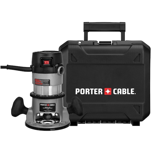 A PORTER-CABLE 9690LR electric router with two black handles, shown in front of a black hard carrying case with the PORTER-CABLE logo.