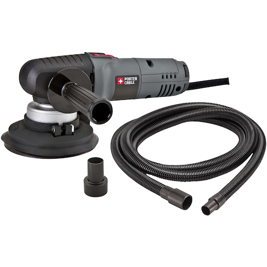 A PORTER-CABLE electric random orbital sander kit with a handheld sander, a detachable handle, a flexible vacuum hose, and hose adapters. The sander is grey and black with the PORTER-CABLE logo.