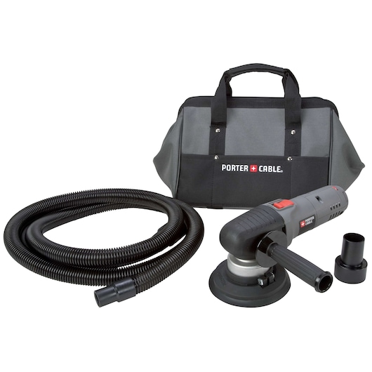PORTER-CABLE branded photography kit includes a large black and gray carrying bag, a black flexible hose, a handheld power tool with handle attachment, and two adapter accessories.