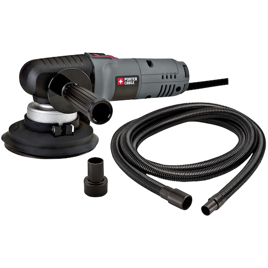 A PORTER-CABLE branded electric sander with a detachable handle, a flexible vacuum hose, and two plastic hose adapters. The items are displayed against a white background.