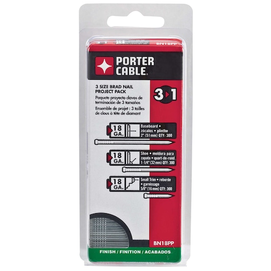A blister pack of PORTER-CABLE 3 Size Brad Nail Project Pack. The package contains three sizes of 18 gauge brad nails: 2 inch (51 mm) for baseboards, 1-1/4 inch (32 mm) for shoe molding, and 5/8 inch (16 mm) for small trim. Each size has a quantity of 300 nails. Product SKU is BN18PP.