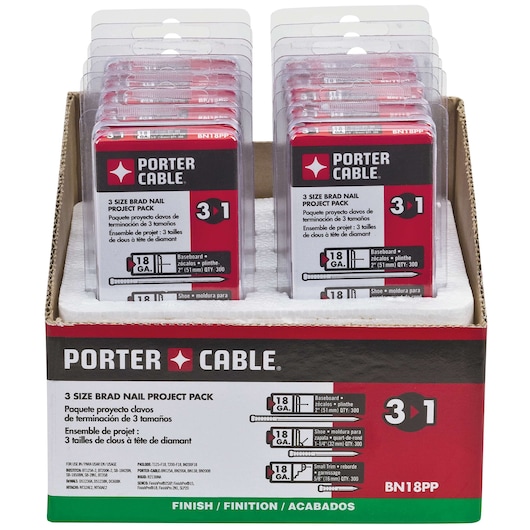 A retail display box containing multiple packs of PORTER-CABLE 3 Size Brad Nail Project Pack. The packs are shown in clear plastic cases with red and black labels, featuring the PORTER-CABLE brand and details about the nail sizes included in the pack: 18 gauge nails for baseboard, shoe, and trim, labeled BN18PP.