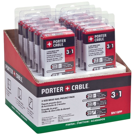 Display box containing multiple PORTER-CABLE 3 size brad nail project packs, each in individual plastic packaging, labeled with details such as 18 gauge and BN18PP SKU.