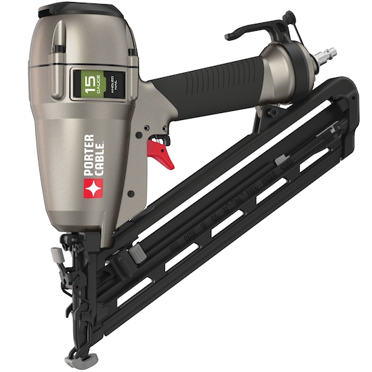 A PORTER-CABLE angled finish nailer, model DA250C, shown with a metallic body and ergonomic handle. The tool is labeled as a 15 gauge nailer, and features a magazine for holding nails, a trigger, and an air hose connector.