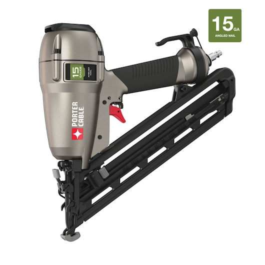 PORTER-CABLE DA250C 15-gauge angled nailer with a metallic body and black grip, shown with a red trigger and nail magazine. The product is designed for precise nailing with angled nails.