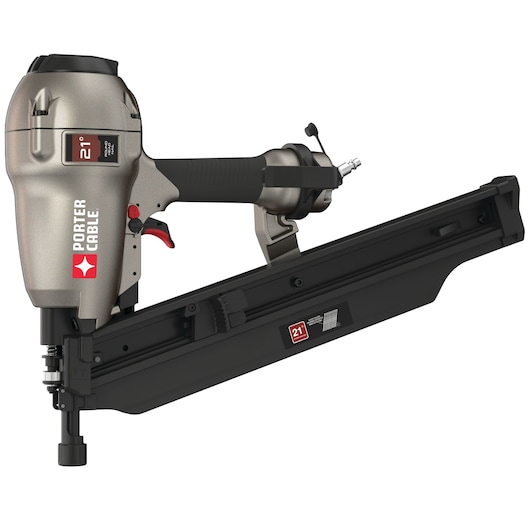A PORTER-CABLE FR350B pneumatic framing nailer with a metallic gray and black body and a 21-degree magazine. The tool has a PORTER-CABLE logo and is designed for heavy-duty nailing tasks in construction or carpentry projects.