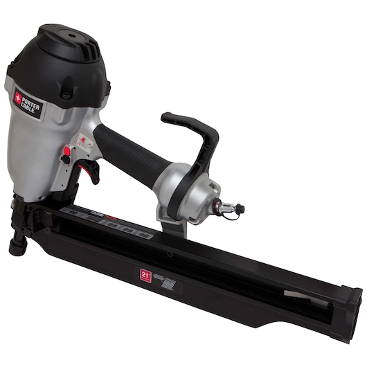 A PORTER-CABLE FR350B pneumatic framing nailer with a black and silver body, ergonomic handle, and air hose connector, shown on a white background.