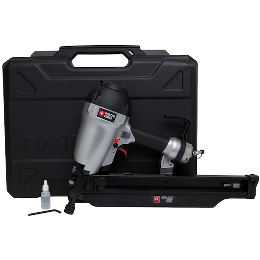 A PORTER-CABLE FR350B pneumatic framing nailer is displayed in front of a black carrying case, along with a small bottle of oil and an Allen wrench.