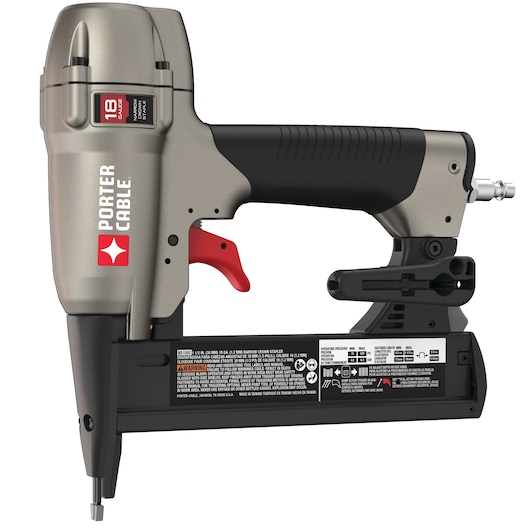 A PORTER-CABLE NS150C 18 gauge narrow crown stapler, shown in a side view highlighting its metallic and black body, red trigger, and labeled features.