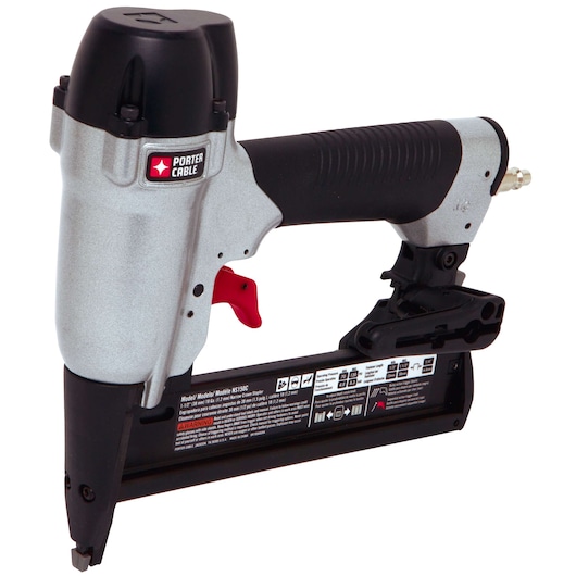 A PORTER-CABLE pneumatic nailer, model NS150C, featuring a silver and black body with a red trigger and visible product information and warning labels.