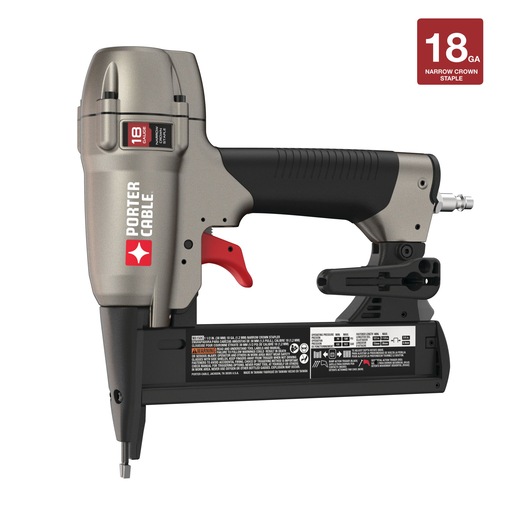 PORTER-CABLE NS150C 18 gauge narrow crown pneumatic stapler shown in a side view, featuring a metallic gray and black body with a red trigger. A label identifies the nail gauge on the tool and a box in the top right notes '18 GA Narrow Crown Staple.'