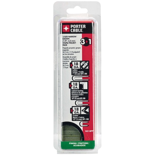 A package of PORTER-CABLE 3 Size Narrow Crown Staple Project Pack, model NS18PP, for finishing and cabinet projects. The pack contains three sizes of 18 gauge staples, suitable for lattice, cabinet backing, and frames. The packaging displays instructions and visual diagrams for each staple size.