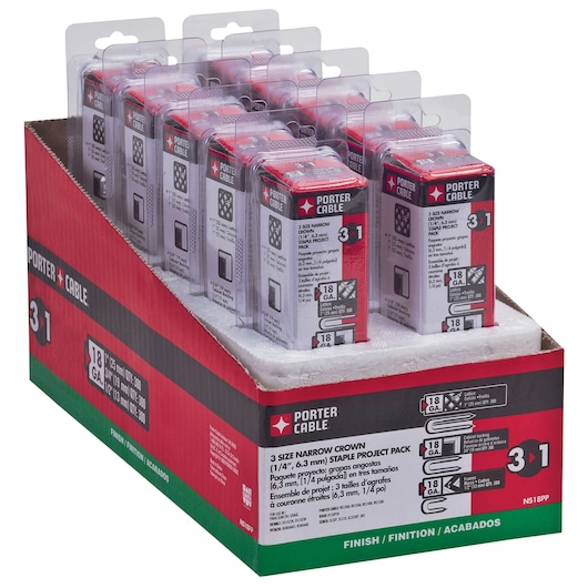 Display box containing multiple packs of PORTER-CABLE 3 size narrow crown staple project packs. The packs are labeled with 18 gauge and include staples in three different sizes. The packaging is red, black, and white with product details printed on the front.