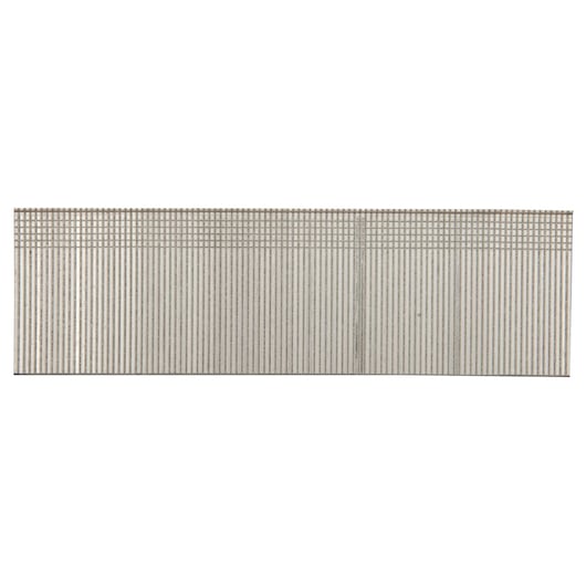 A close-up view of a strip of metal brad nails arranged in a row, suitable for use in finish nailers or brad nailers.