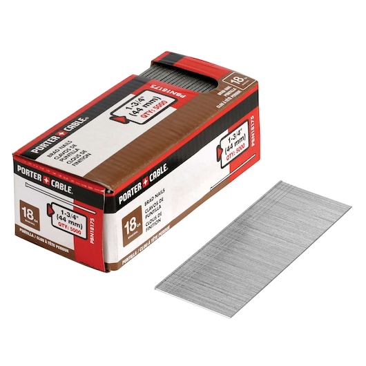 A box of PORTER-CABLE 18 gauge brad nails, model PBN18175, containing 5000 nails of 1-3/4 inch (44 mm) length. The box is open, showing the nails inside, with some nails laid out outside the box.