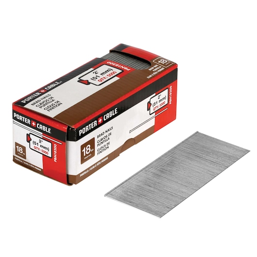 A box of PORTER-CABLE brad nails, 18 gauge, 2 inch (51 mm) length, quantity 5000, with a stack of nails placed next to the box.