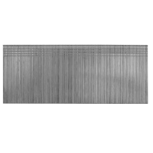 A close-up view of a strip of metal brad nails arranged in a row, designed for a nailer tool.