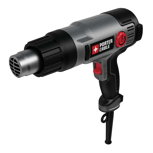 A PORTER-CABLE PC1500HG electric heat gun with a black and gray body, power cord, and red control buttons, displayed against a white background.