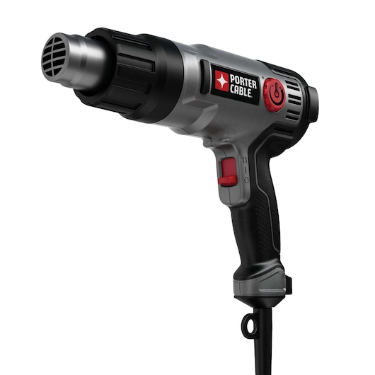 A PORTER-CABLE PC1500HG heat gun with a black and silver design, featuring a red power button and trigger, shown against a plain white background.
