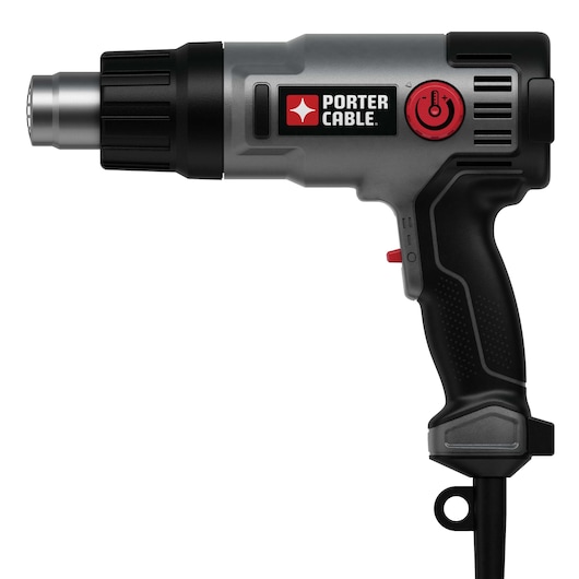 A PORTER-CABLE branded heat gun, model PC1500HG, featuring a black and gray body with a red power and temperature control button. The heat gun has a corded handle and a metallic nozzle.