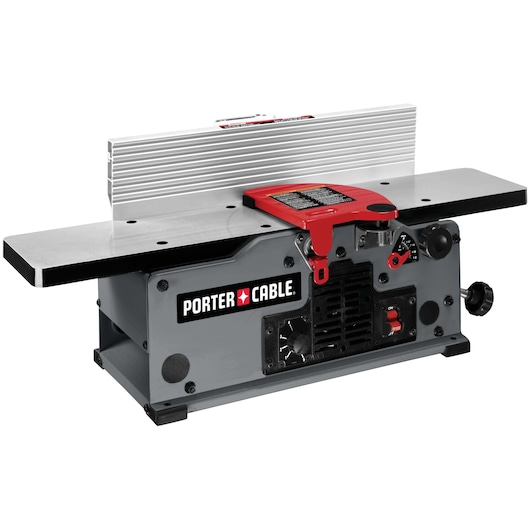 A PORTER-CABLE benchtop jointer, model PC160JT, featuring a gray and black body with a red safety guard and a silver fence for woodworking.