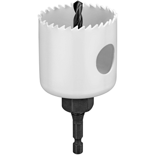 A close-up image of a metal hole saw drill bit with a hex shank, designed for boring large holes in materials like wood or metal. The tool features a round cylindrical cutting edge with sharp teeth and a pilot drill bit in the center.