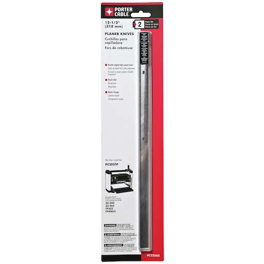 PORTER-CABLE planer knives set in retail packaging. The package contains two 12-1/2 inch (318 mm) high-speed steel blades, featuring double-edged, reversible design for quick change. The packaging includes text in English, Spanish, and French, and shows compatibility with PORTER-CABLE PC305TP planer and other listed models.