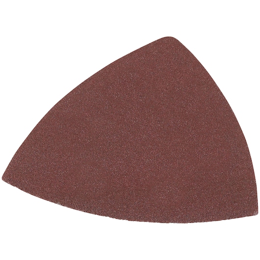A close-up image of a single, triangular brown sanding sheet used for detailing and finishing surfaces.